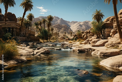 Scenic desert oasis with river, palm trees, and mountains in background