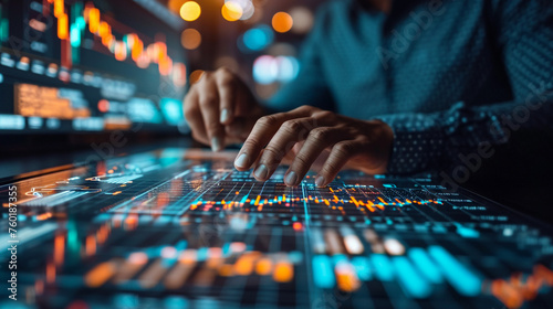 Businessman hand showing growing virtual hologram stock Stock market business growth planning and strategy Progress or success in investment