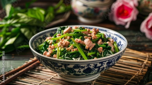 A Chinese-style image of spinach and pork noodles for a baby food recipe, set against an elegant, traditional Chinese background. The nutritious bowl, filled with vibrant green spinach and tender pork