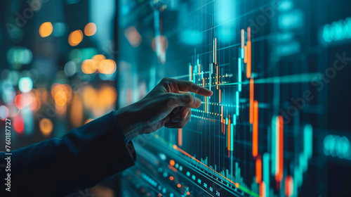 Businessman hand showing growing virtual hologram stock Stock market business growth planning and strategy Progress or success in investment