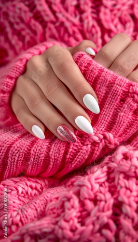 Glitter white nail design on woman s hand with pastel sweater   elegant manicure and stylish fashion