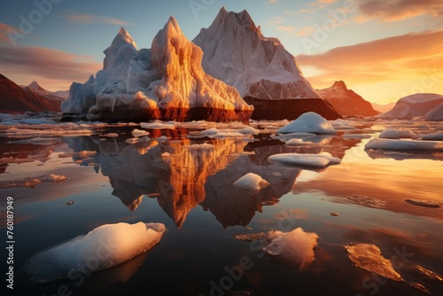 A huge iceberg is mirrored in the water under the sunset sky