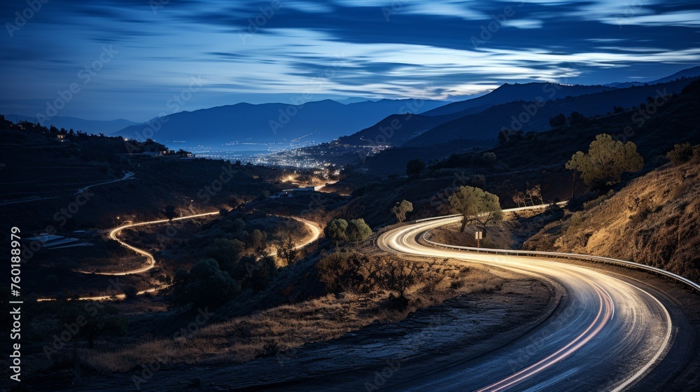 Long exposure of winding mountain road at night under starry sky