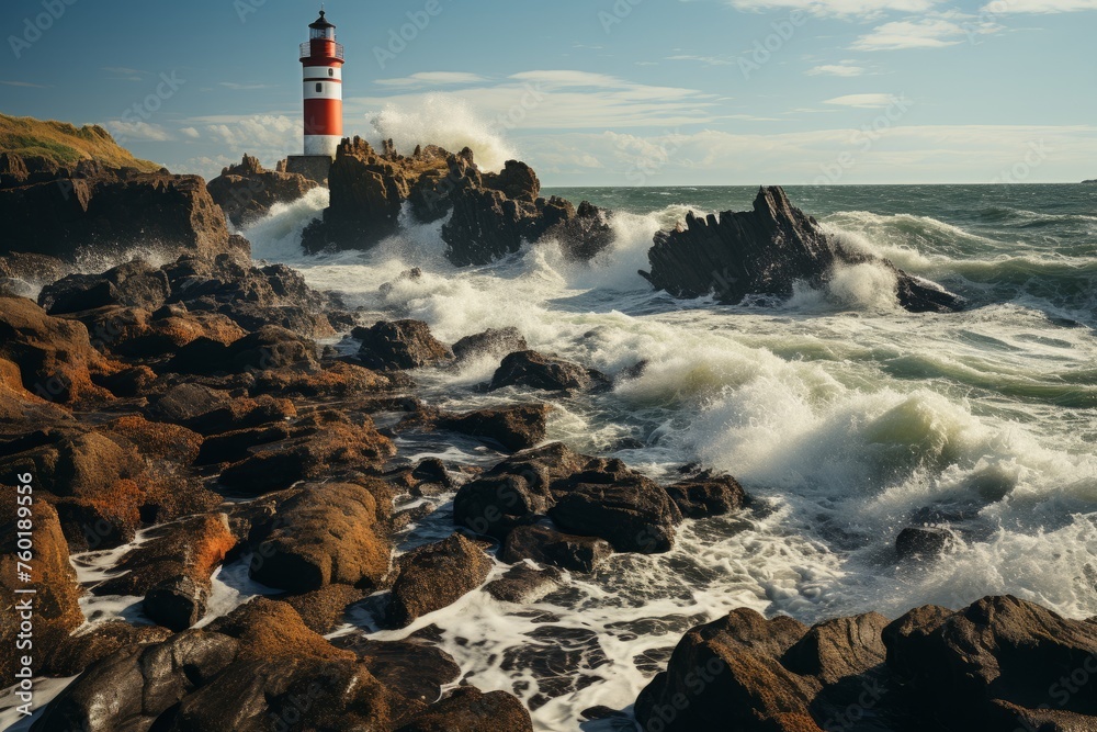 Lighthouse on rocky shore with waves crashing, under cloudy sky