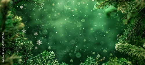 Festive christmas background with pine branch and snowflake border, copy space available