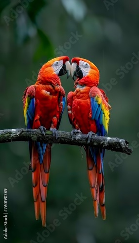 Scarlet macaws on branch with copy space, tropical birds face each other, blurred background © Ilja