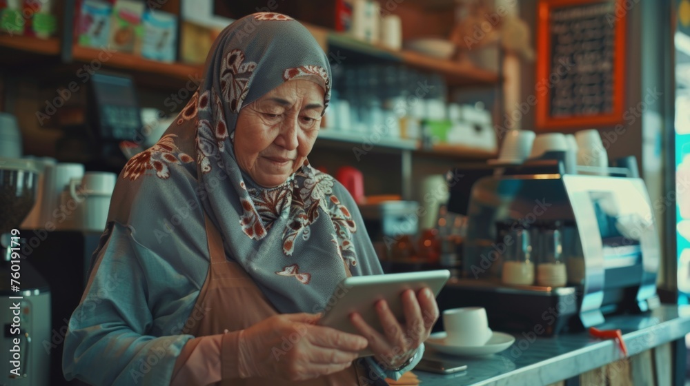 Portrait of a happy coffee shop worker with a tablet