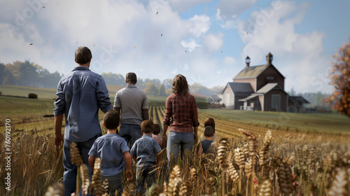 A contented Midwest American family walks together through golden fields toward a red barn and farmhouse, enjoying a peaceful, sunny day in a classic rural setting.