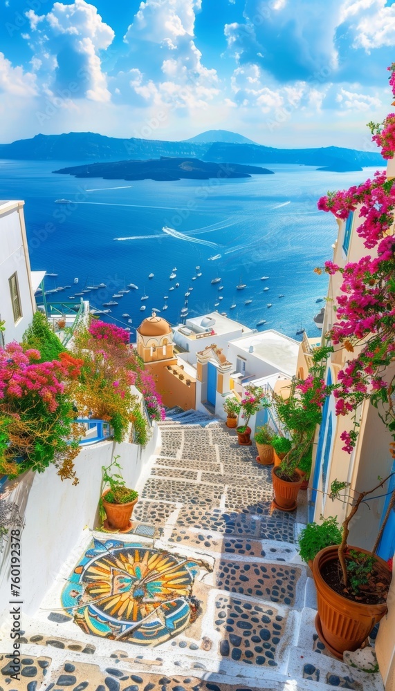 Obraz premium Daytime santorini island panorama fira and oia towns overlooking cliffs and aegean sea, greece