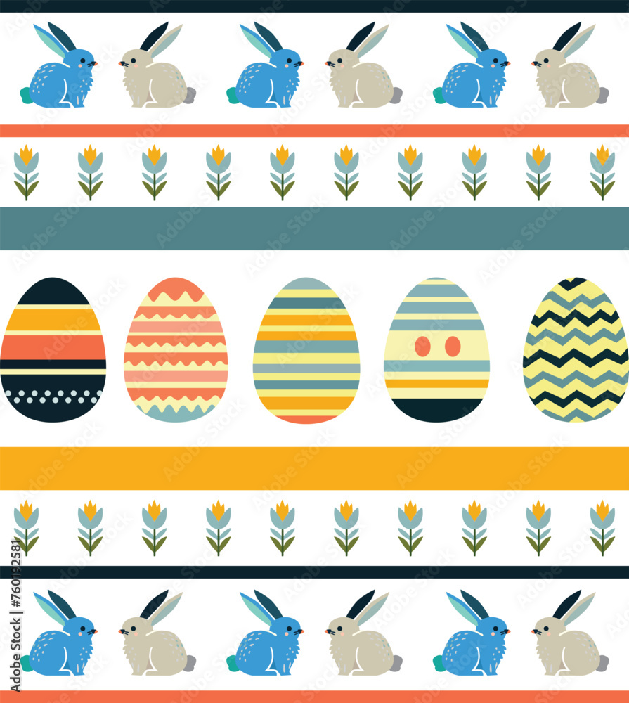 a repeating pattern of colorful Easter eggs and bunnies on a white background.