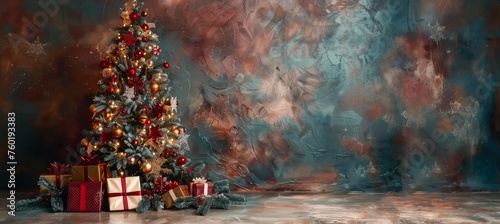 Festive christmas tree with presents against dark gray wall, defocused lights, copy space © Ilja