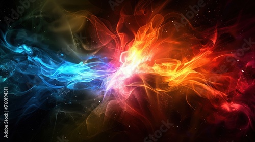 a colourful light burst from a black smoky background with red  blue and orange colours 