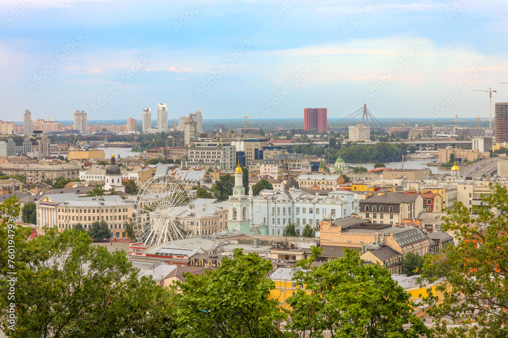 beautiful panoramic views of Kyiv with old and new buildings. view from Podol to the left bank