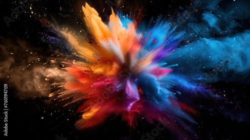 a colour burst or explosion of paint from a black background with red  blue and orange colours. Red  orange  blue  purple.