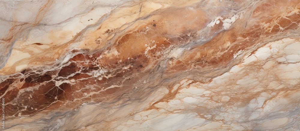 Obraz premium A detailed shot showcasing the intricate patterns of a brown and white marble texture, resembling a mixture of wood and natural material. The design is reminiscent of a landscape or bedrock art piece