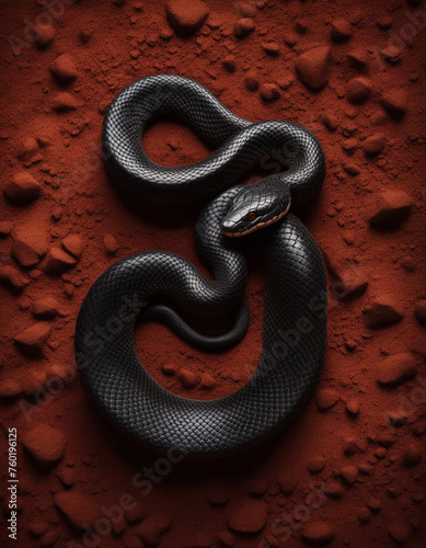 Black snake on red soil. Top view, animals and nature