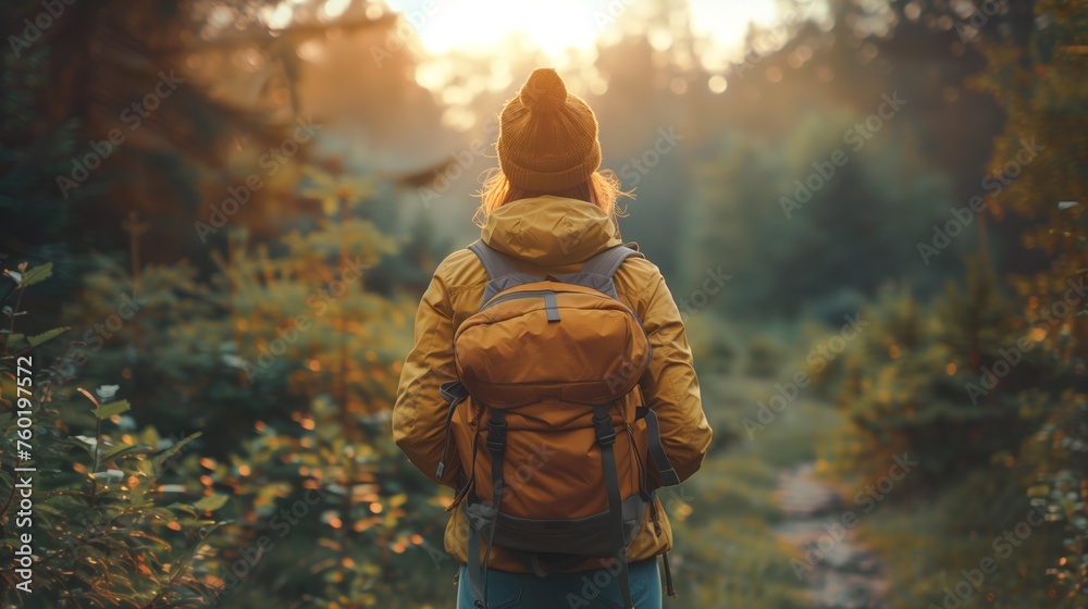 A person with a backpack walks through a dense forest filled with green trees and foliage. A person with a backpack walks through a dense forest filled with green trees and foliage.