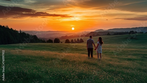 Couple over sunrise on summer field concept landscape hill rural (ID: 760197932)