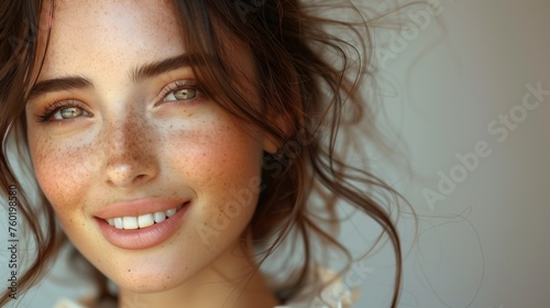 Close-up of a smiling female model with dark brown hair, showcasing freckles on her face.