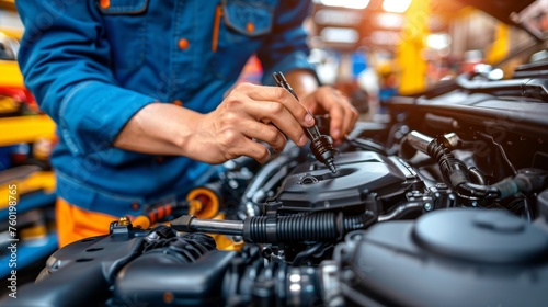Skilled hands of auto mechanic performing car repairs in automotive service center