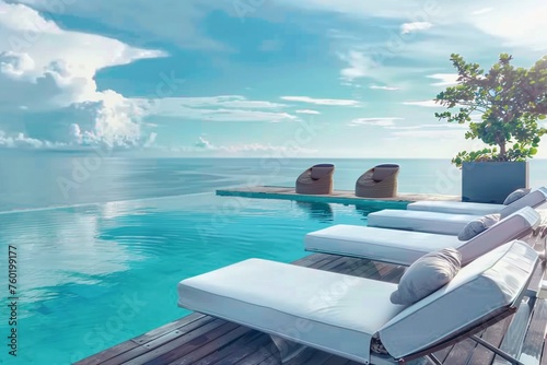 The edge Luxury swimming pool with white fashion deckchairs on the beach., Exterior design. generative ai © SEUNGJIN