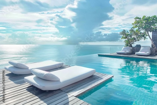 The edge Luxury swimming pool with white fashion deckchairs on the beach., Exterior design. generative ai