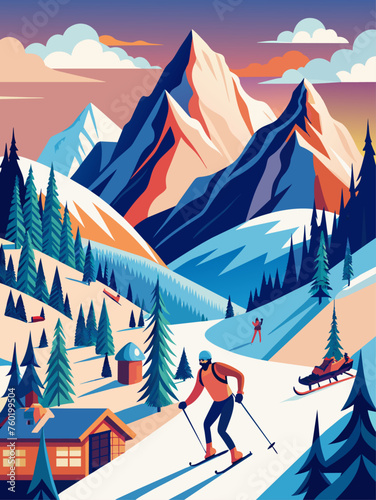 A skier glides effortlessly down a snow-covered mountain, carving graceful arcs in the pristine powder.