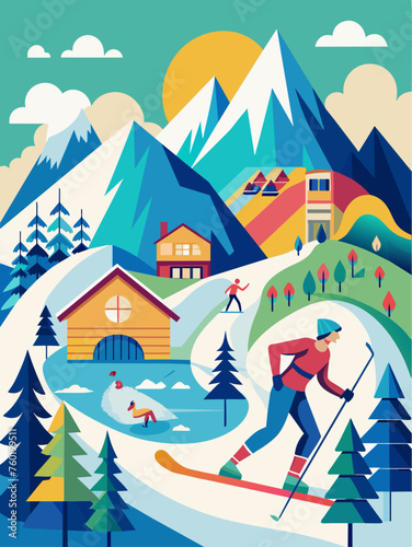 The picturesque landscape of snow-capped mountains and blue skies creates a perfect backdrop for a thrilling skiing adventure.