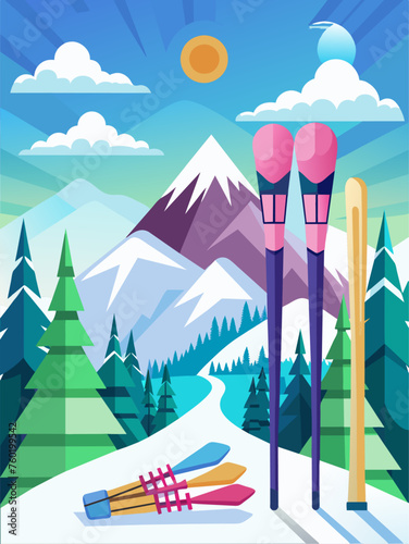 Skiers gracefully glide down the snow-covered mountain, surrounded by breathtaking scenery.