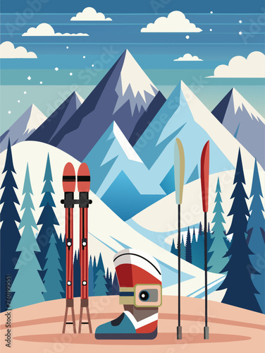 Skiers glide down a snowy mountain slope surrounded by picturesque wintery scenery.