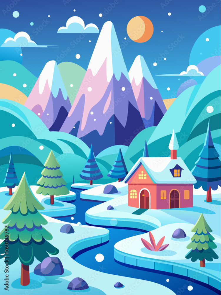 Winter wonderland with snow-covered trees and a cozy cabin beneath a starry sky.