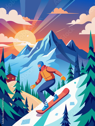 Snowboarders glide down a pristine mountain slope against a backdrop of snow-covered peaks and a clear blue sky.