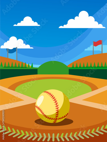 The softball lies in the infield dirt of a baseball diamond under a vibrant blue sky.