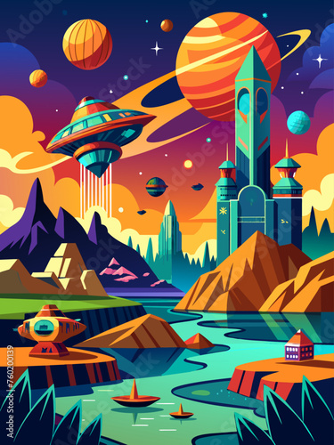 Spaceships soar through a vibrant cosmic landscape, leaving trails of light in their wake.
