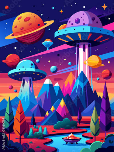 Vector illustration of a futuristic landscape with spaceships flying through the sky.