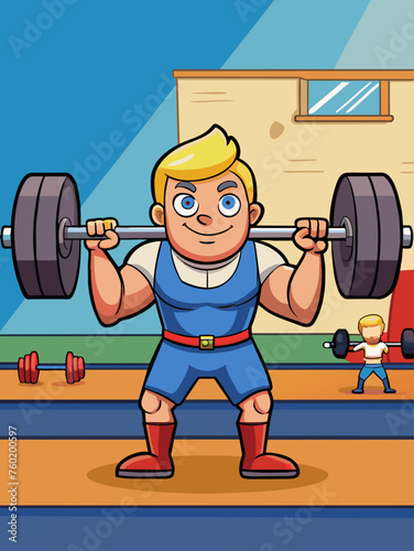 Sports weightlifting sport background features a muscular athlete performing a weightlifting exercise in a gym.