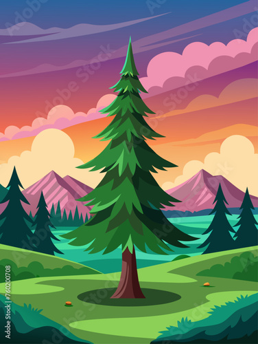 A spruce tree stands tall in a serene landscape, its branches reaching towards the heavens.