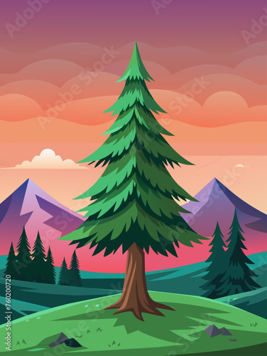 A spruce tree stands tall in a serene landscape, its branches reaching towards the heavens.