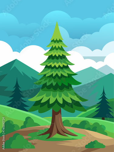 Serene spruce forest landscape with majestic trees reaching towards clear skies.