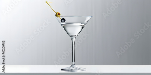 Taça de Martini com líquido transparente e azeitona em palito