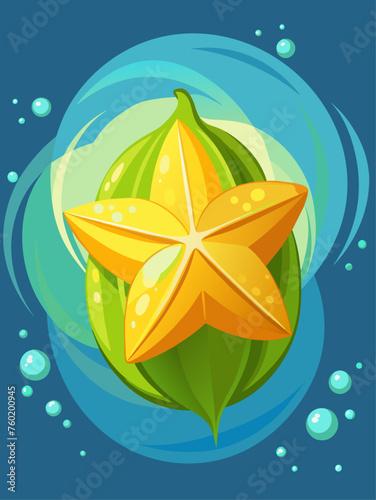 Star fruit slices and water droplets on a light blue background, refreshing and vibrant.
