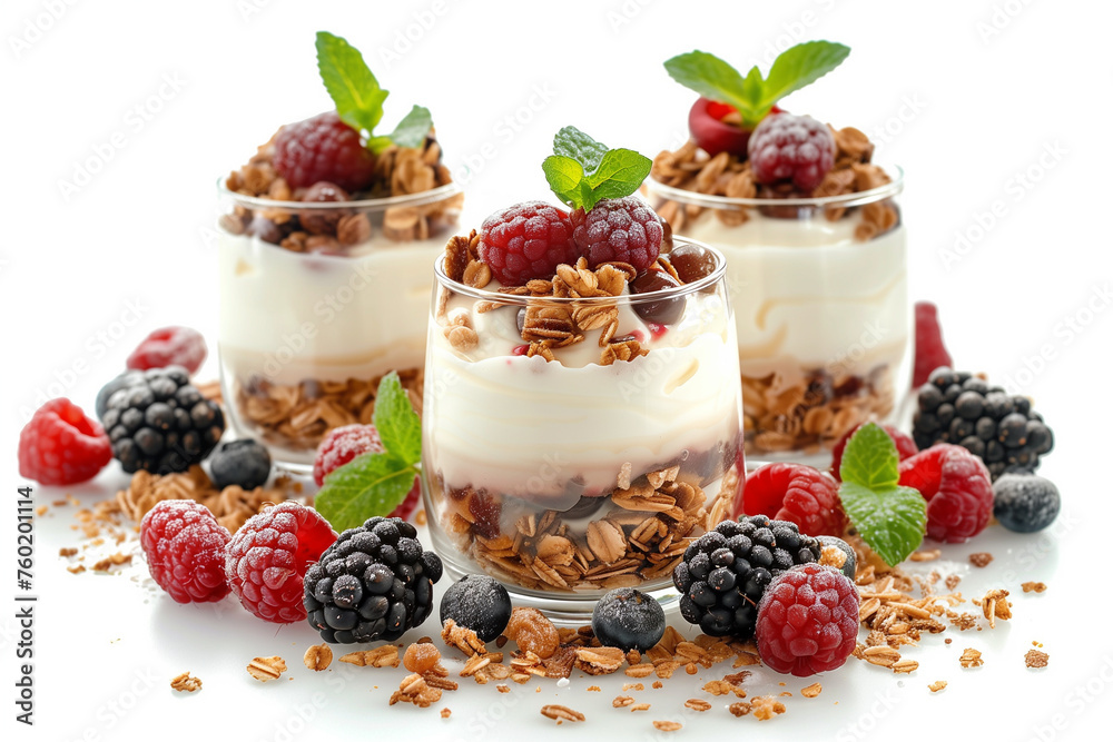 Yogurt with berries and cereals in glasses on white background. Yogurt with berries and cereals in glasses on white background.
