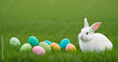 Fluffy white bunny sitting in a field of green grass with colorful Easter eggs scattered around with copy space