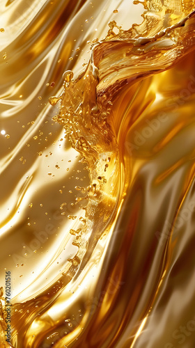 An exquisite close-up of liquid gold in motion, capturing dynamic splashes and ripples that exude luxury and fluidity.