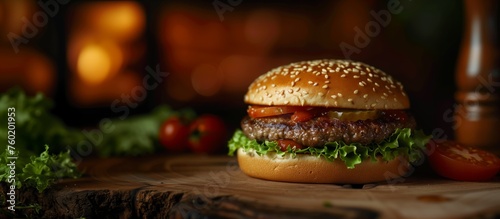 A hamburger resting on top of a wooden cutting board.
