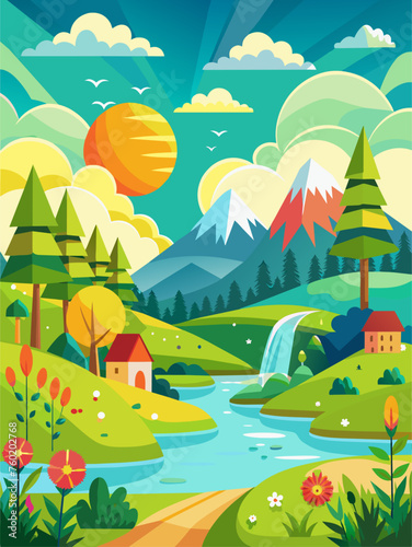 A beautiful summer vector landscape background with green meadows, blue skies, and puffy white clouds