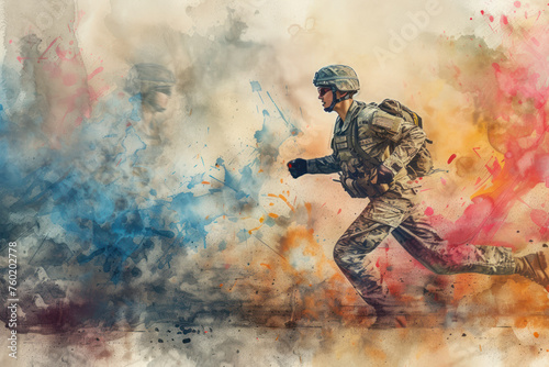 Army woman run in colourful splash watercolor, concept: independence, peace