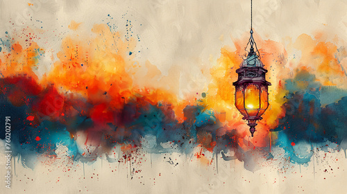 Abstract watercolor painting with Islamic lantern