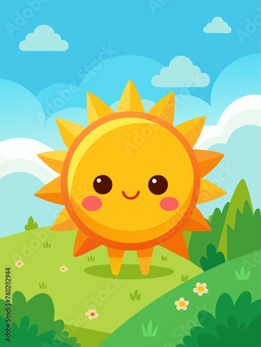 Cute sun shines on a vector landscape.