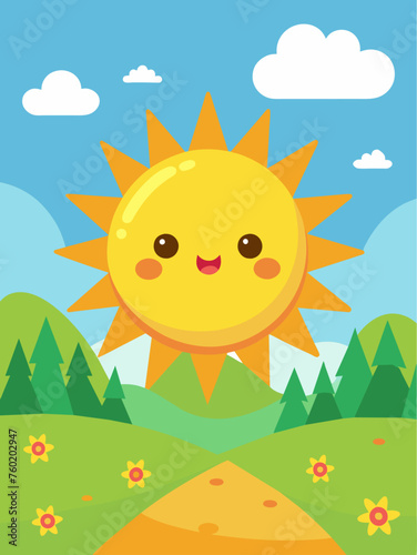 Adorable sun and fluffy clouds adorn a charming landscape  evoking a sense of joy and tranquility.